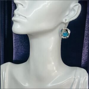 Silver Hoop Earrings with Turquoise Bead Accents